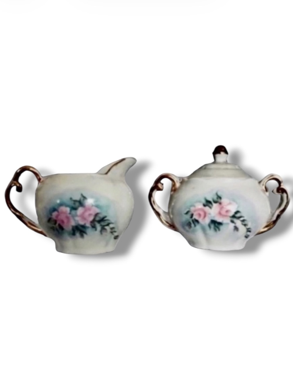 Mini Cream Sugar Vintage 1972 Hand Painted White Blue Roses Signed 🎉 HOST PICK 🎉